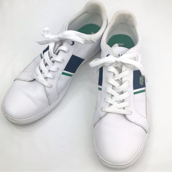 Lacoste Sport Ortholite White Leather Blue Banded Classic Alligator Sneakers - Picture 1 of 16
